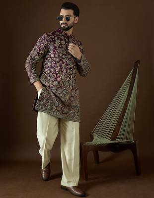 Men’s purple georgette solid embroidered kurta with trouser set | trendy designer ethnic wear for wedding, festive 3