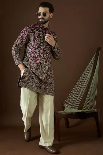 Men’s purple georgette solid embroidered kurta with trouser set | trendy designer ethnic wear for wedding, festive