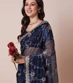 Navy blue embroidered  sheer saree with blouse piece