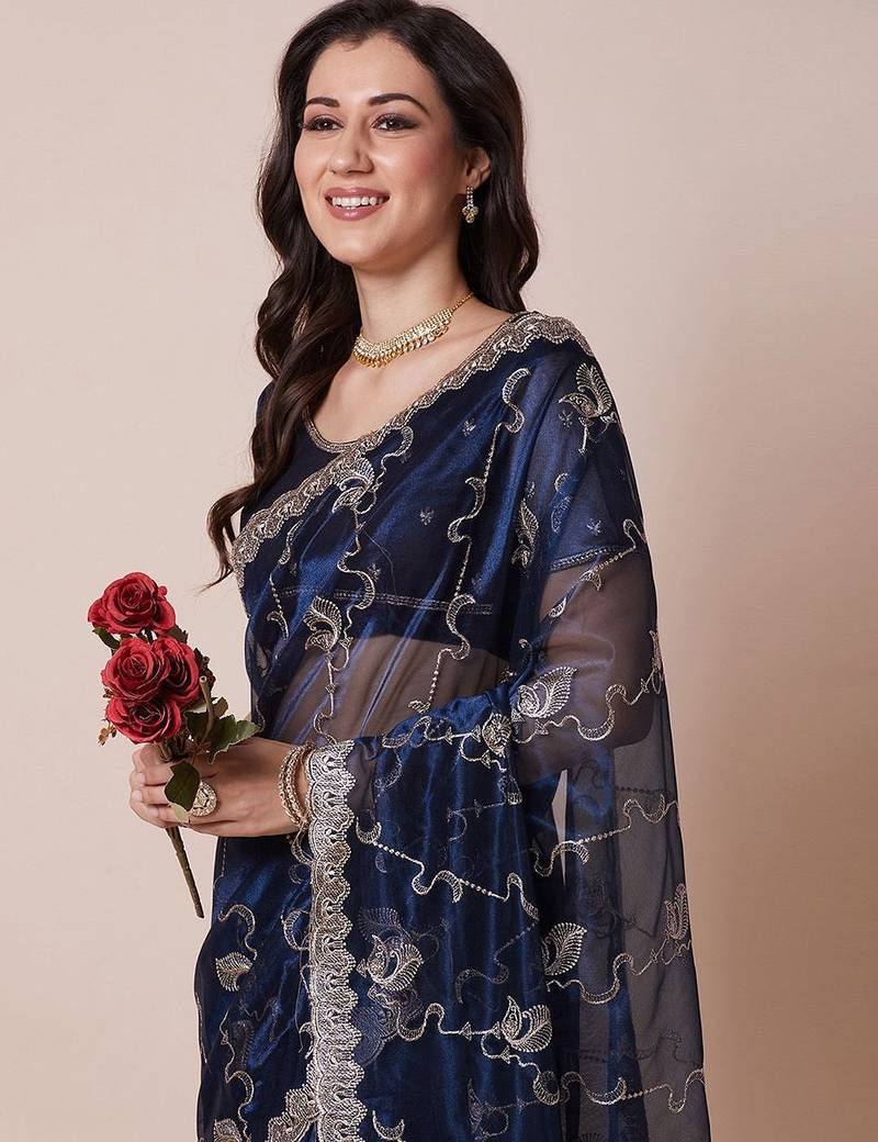 Navy blue embroidered  sheer saree with blouse piece