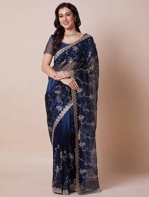 Navy blue embroidered  sheer saree with blouse piece 2