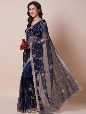 Navy blue embroidered  sheer saree with blouse piece 3