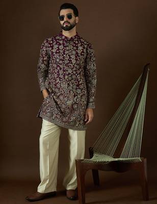 Men’s purple georgette solid embroidered kurta with trouser set | trendy designer ethnic wear for wedding, festive 5