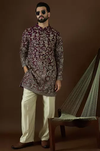 Men’s purple georgette solid embroidered kurta with trouser set | trendy designer ethnic wear for wedding, festive