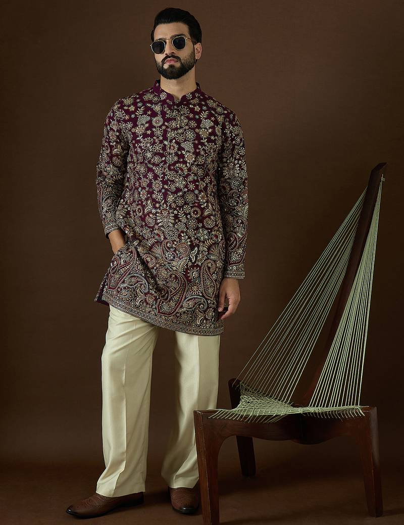 Men’s purple georgette solid embroidered kurta with trouser set | trendy designer ethnic wear for wedding, festive