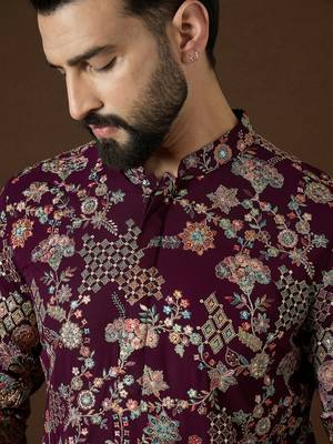 Men’s purple georgette solid embroidered kurta with trouser set | trendy designer ethnic wear for wedding, festive 1