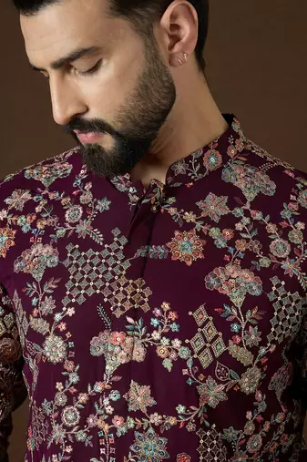 Men’s purple georgette solid embroidered kurta with trouser set | trendy designer ethnic wear for wedding, festive