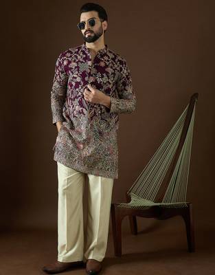 Men’s purple georgette solid embroidered kurta with trouser set | trendy designer ethnic wear for wedding, festive 2