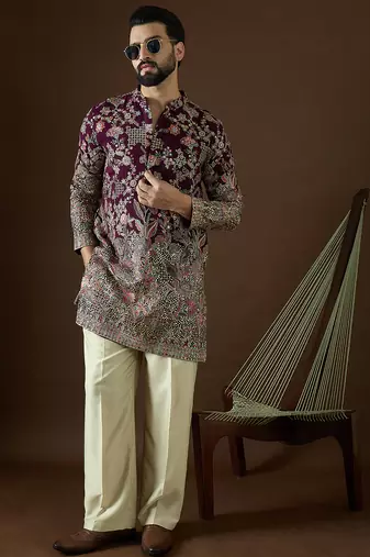 Men’s purple georgette solid embroidered kurta with trouser set | trendy designer ethnic wear for wedding, festive