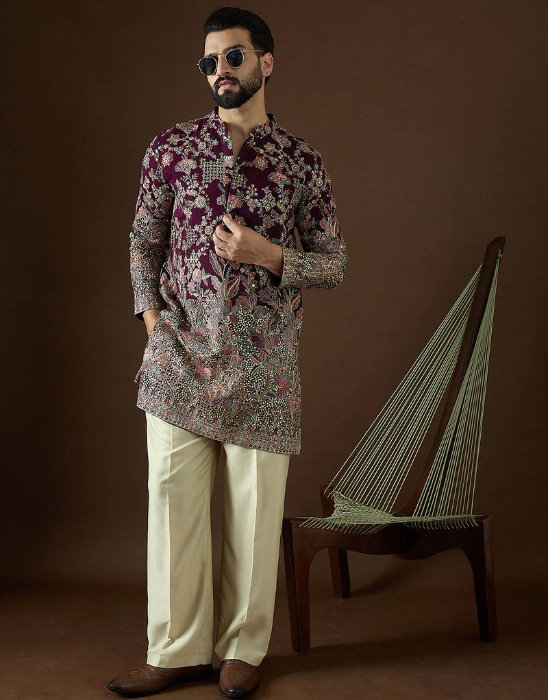Men’s purple georgette solid embroidered kurta with trouser set | trendy designer ethnic wear for wedding, festive