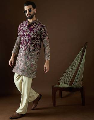 Men’s purple georgette solid embroidered kurta with trouser set | trendy designer ethnic wear for wedding, festive 3