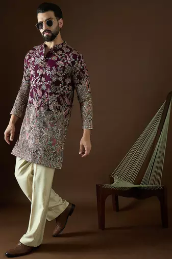 Men’s purple georgette solid embroidered kurta with trouser set | trendy designer ethnic wear for wedding, festive