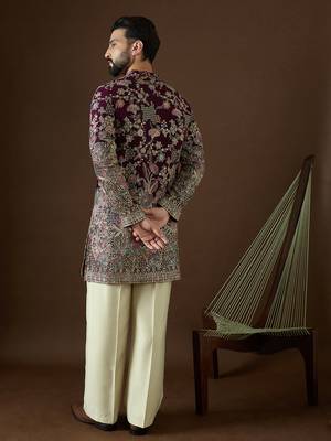 Men’s purple georgette solid embroidered kurta with trouser set | trendy designer ethnic wear for wedding, festive 4