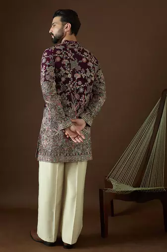 Men’s purple georgette solid embroidered kurta with trouser set | trendy designer ethnic wear for wedding, festive