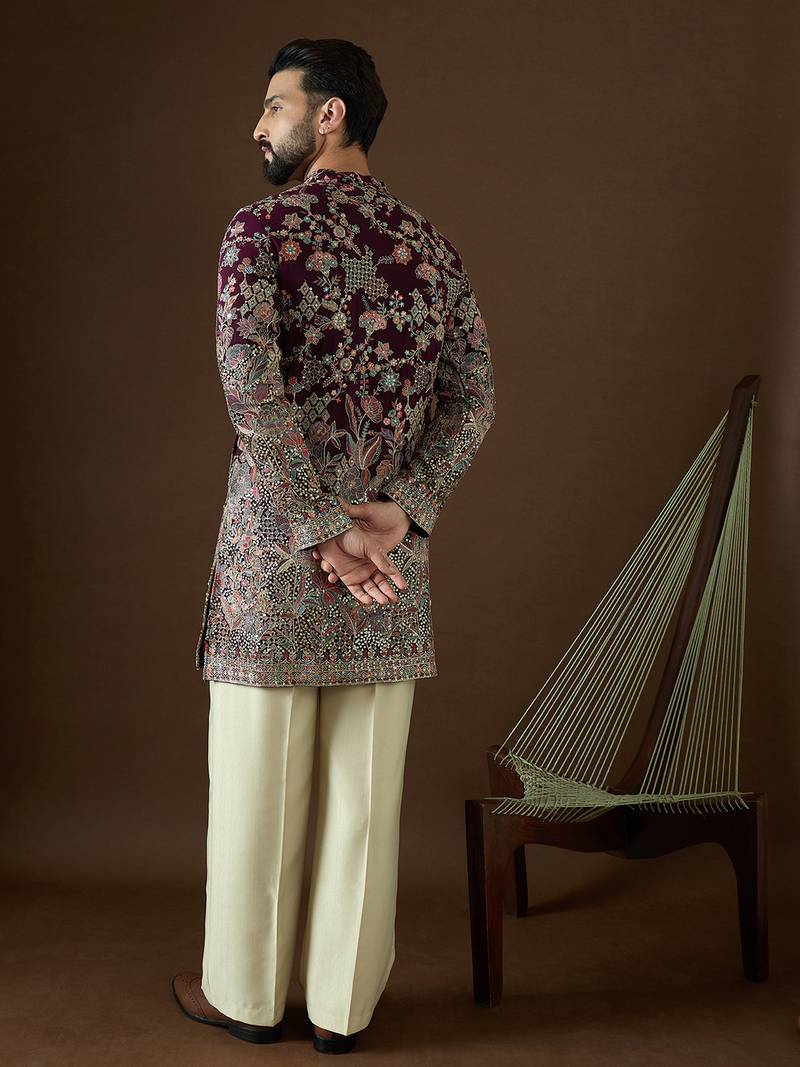 Men’s purple georgette solid embroidered kurta with trouser set | trendy designer ethnic wear for wedding, festive
