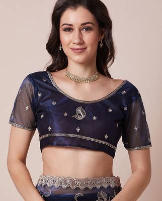 Navy blue embroidered  sheer saree with blouse piece 5