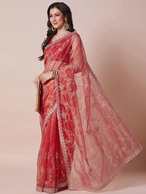 Pink floral embellished sequinned sheer saree 1