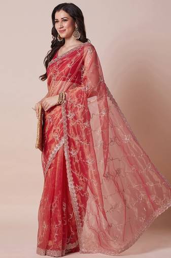 Pink floral embellished sequinned sheer saree