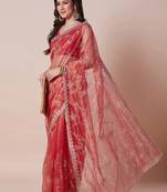 Pink floral embellished sequinned sheer saree