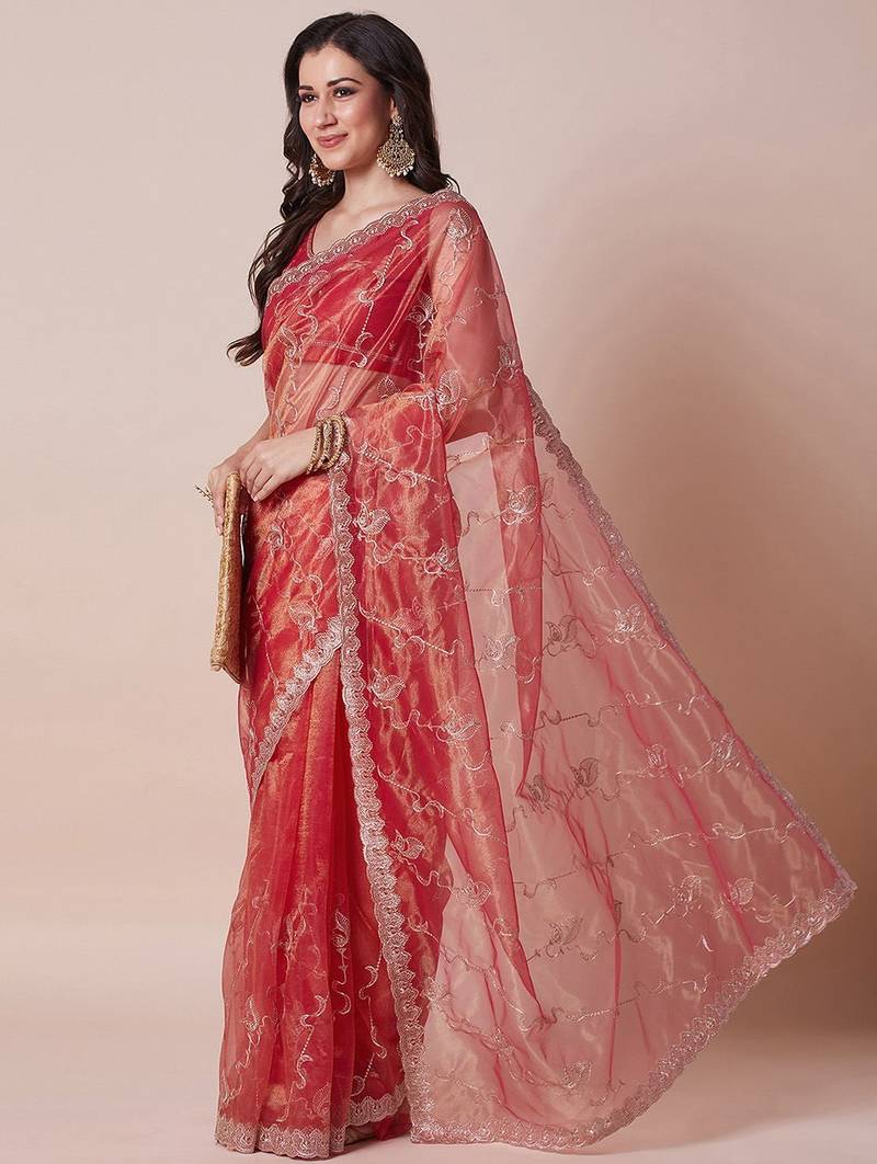 Pink floral embellished sequinned sheer saree