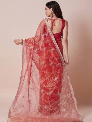 Pink floral embellished sequinned sheer saree 2