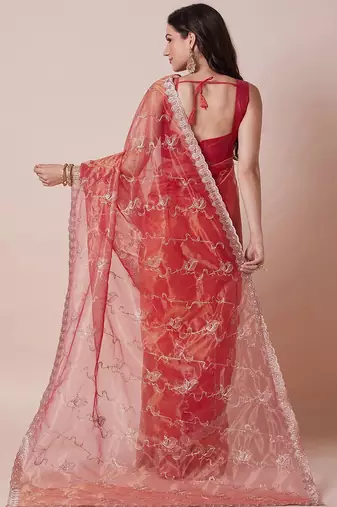 Pink floral embellished sequinned sheer saree