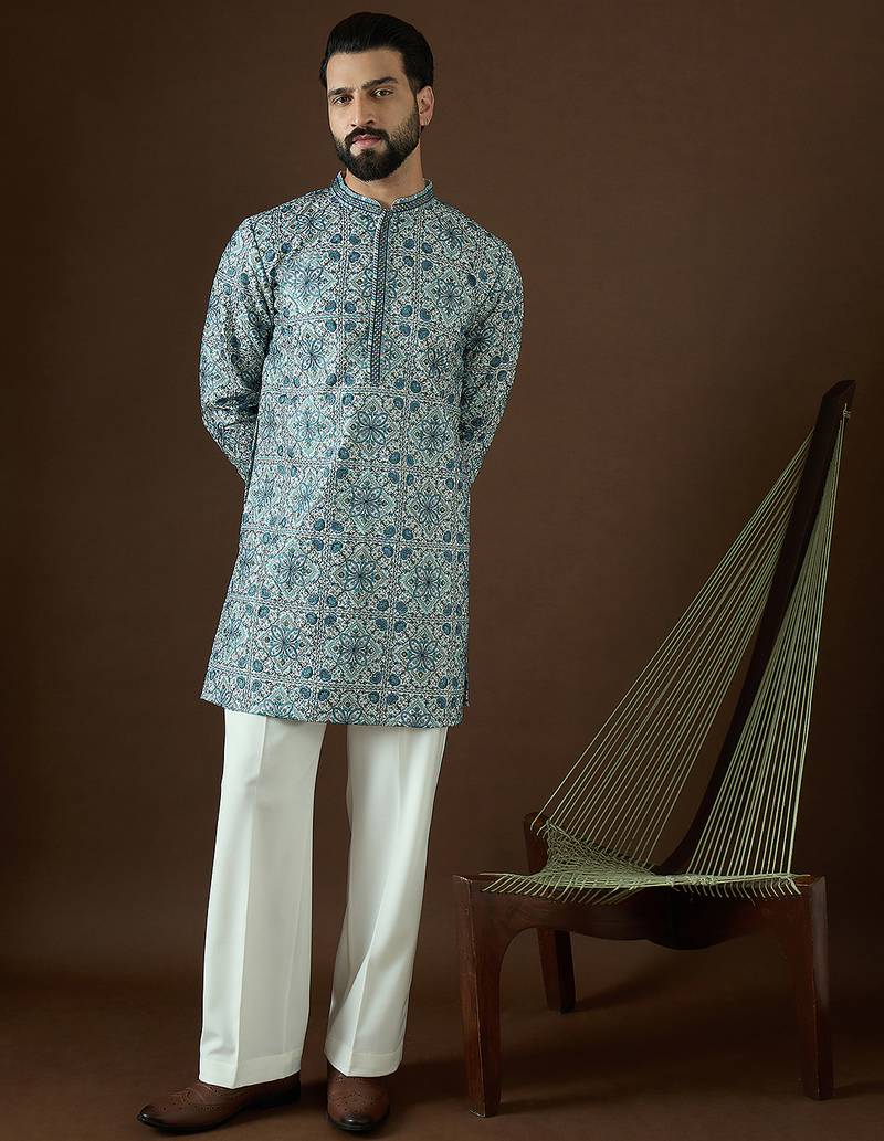 Men’s white cotton blend solid embroidered kurta with trouser set | trendy designer ethnic wear for wedding, festive