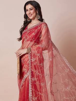 Pink floral embellished sequinned sheer saree 3