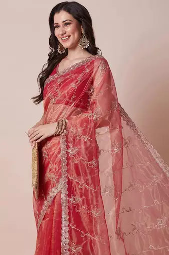 Pink floral embellished sequinned sheer saree