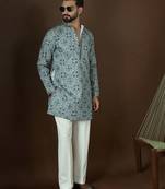 Men’s white cotton blend solid embroidered kurta with trouser set | trendy designer ethnic wear for wedding, festive