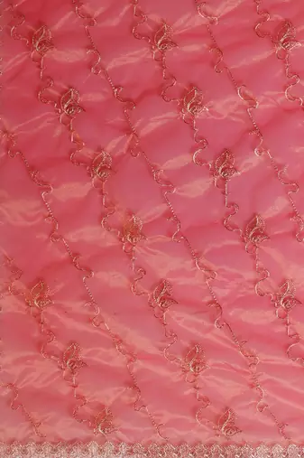Pink floral embellished sequinned sheer saree
