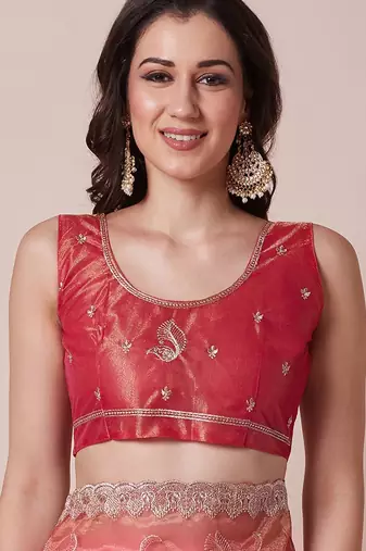 Pink floral embellished sequinned sheer saree