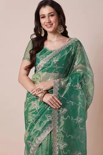 Green embroidered net sheer festive saree