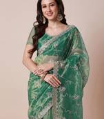 Green embroidered net sheer festive saree