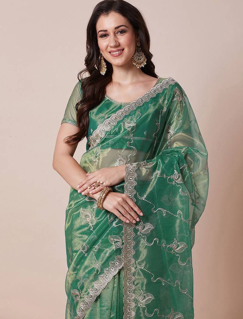 Green embroidered net sheer festive saree