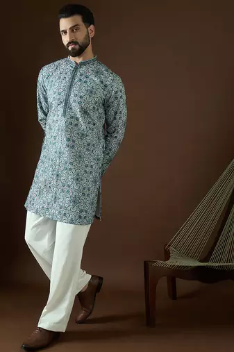 Men’s white cotton blend solid embroidered kurta with trouser set | trendy designer ethnic wear for wedding, festive