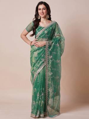 Green embroidered net sheer festive saree 2