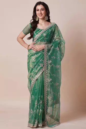 Green embroidered net sheer festive saree