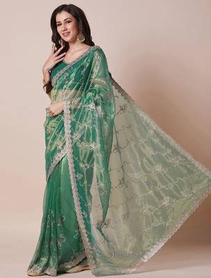 Green embroidered net sheer festive saree 3