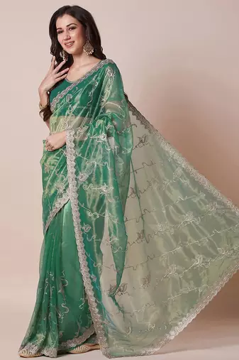 Green embroidered net sheer festive saree