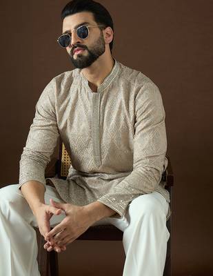 Men’s beige georgette solid embroidered kurta with trouser set | trendy designer ethnic wear for wedding, festive 2