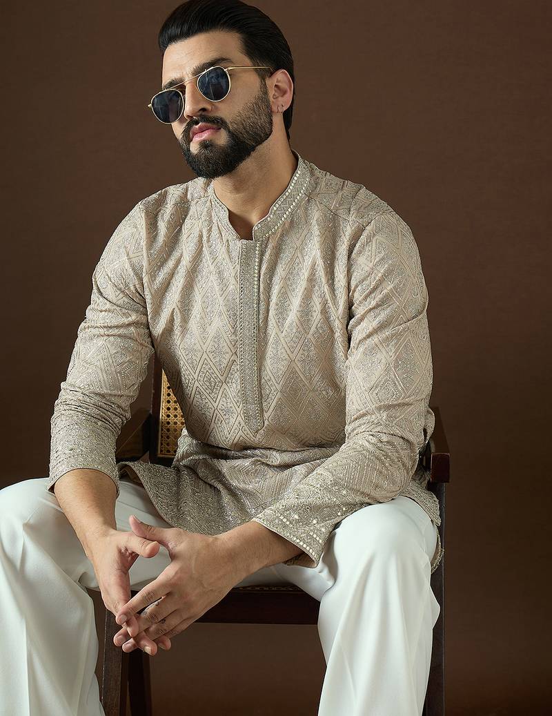 Men’s beige georgette solid embroidered kurta with trouser set | trendy designer ethnic wear for wedding, festive