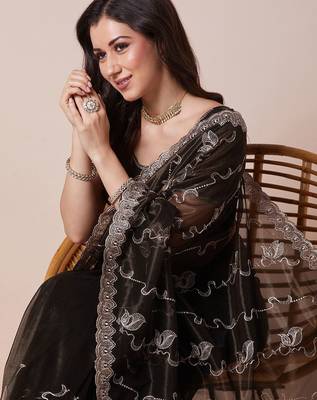 Olive sheer festive saree with unstitched blouse piece 1