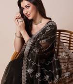 Olive sheer festive saree with unstitched blouse piece