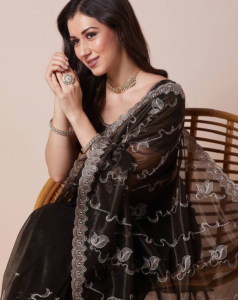 Olive sheer festive saree with unstitched blouse piece