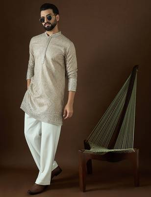 Men’s beige georgette solid embroidered kurta with trouser set | trendy designer ethnic wear for wedding, festive 1