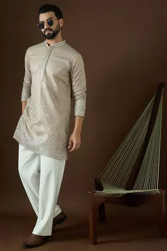 Men’s beige georgette solid embroidered kurta with trouser set | trendy designer ethnic wear for wedding, festive