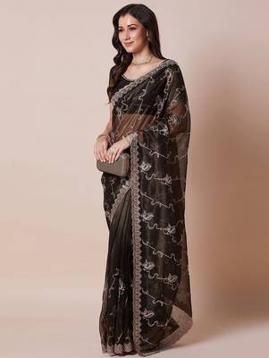 Olive sheer festive saree with unstitched blouse piece 2