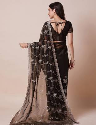 Olive sheer festive saree with unstitched blouse piece 3