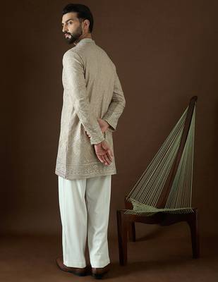 Men’s beige georgette solid embroidered kurta with trouser set | trendy designer ethnic wear for wedding, festive 4